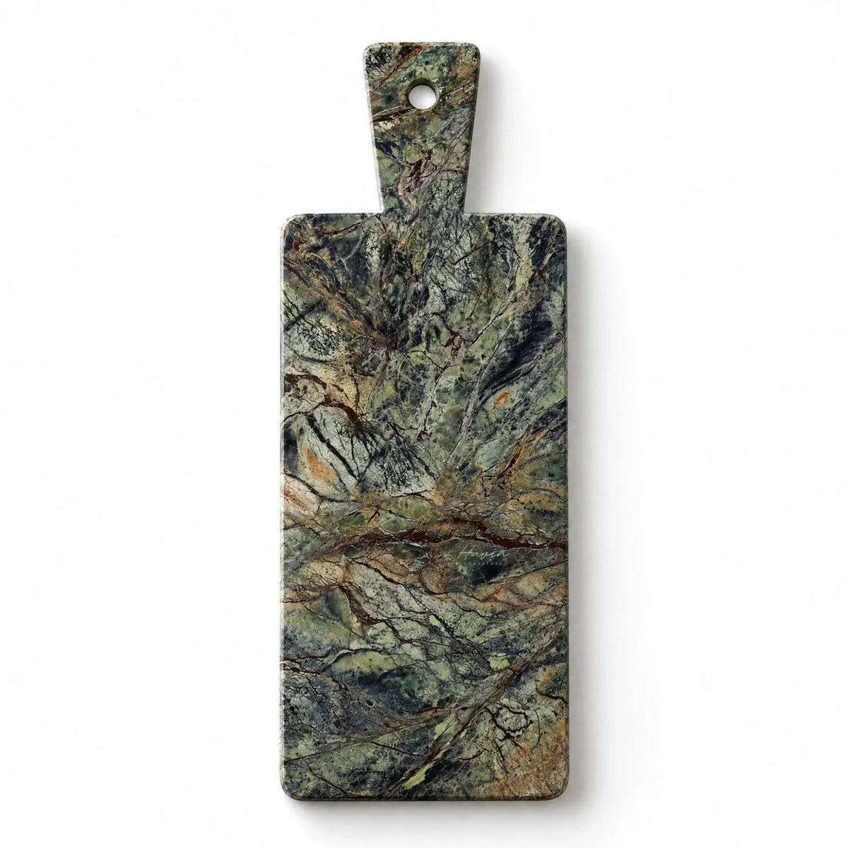 Slim rectangular green marble serving board with integrated handle hole, showcasing expressive natural veining and tonal variation.