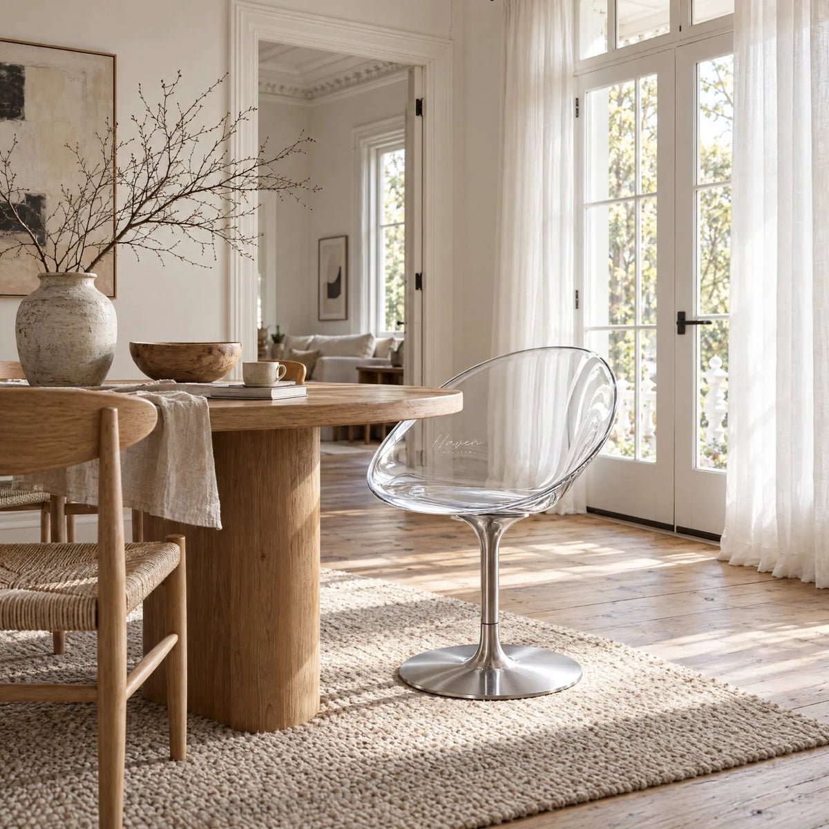Clear polycarbonate swivel chair with curved seat and slender aluminium pedestal base in a sunlit dining room.