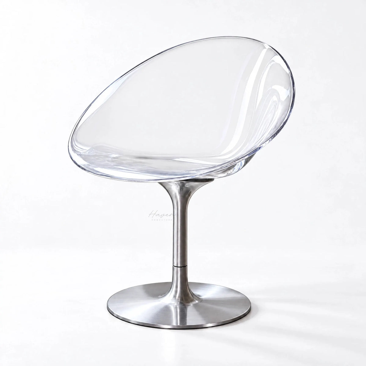 Modern clear polycarbonate swivel chair with a curved shell and slender aluminium pedestal base featuring a minimalist design.