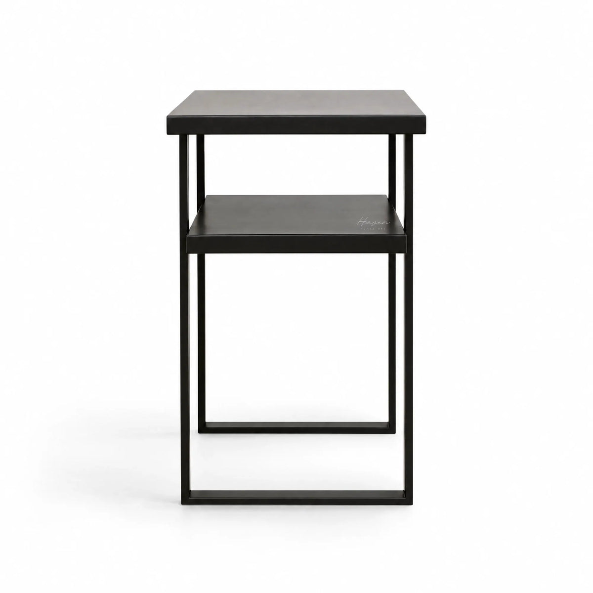 Minimalist two-tier side table with a simple metal frame and greyed-brown finish, featuring a clean architectural design.