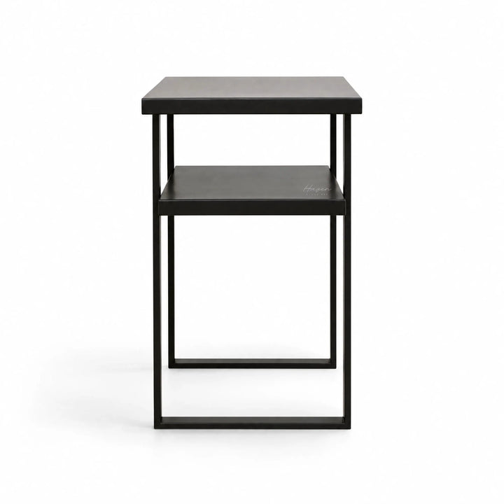 Minimalist two-tier side table with a simple metal frame and greyed-brown finish, featuring a clean architectural design.
