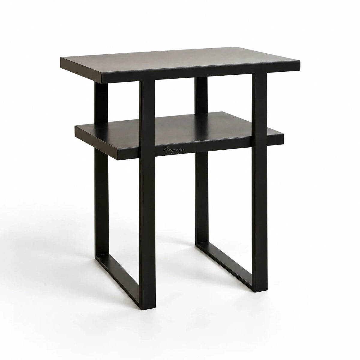 Minimalist two-tier side table with simple metal frame and greyed-brown finish offering clean architectural presence.