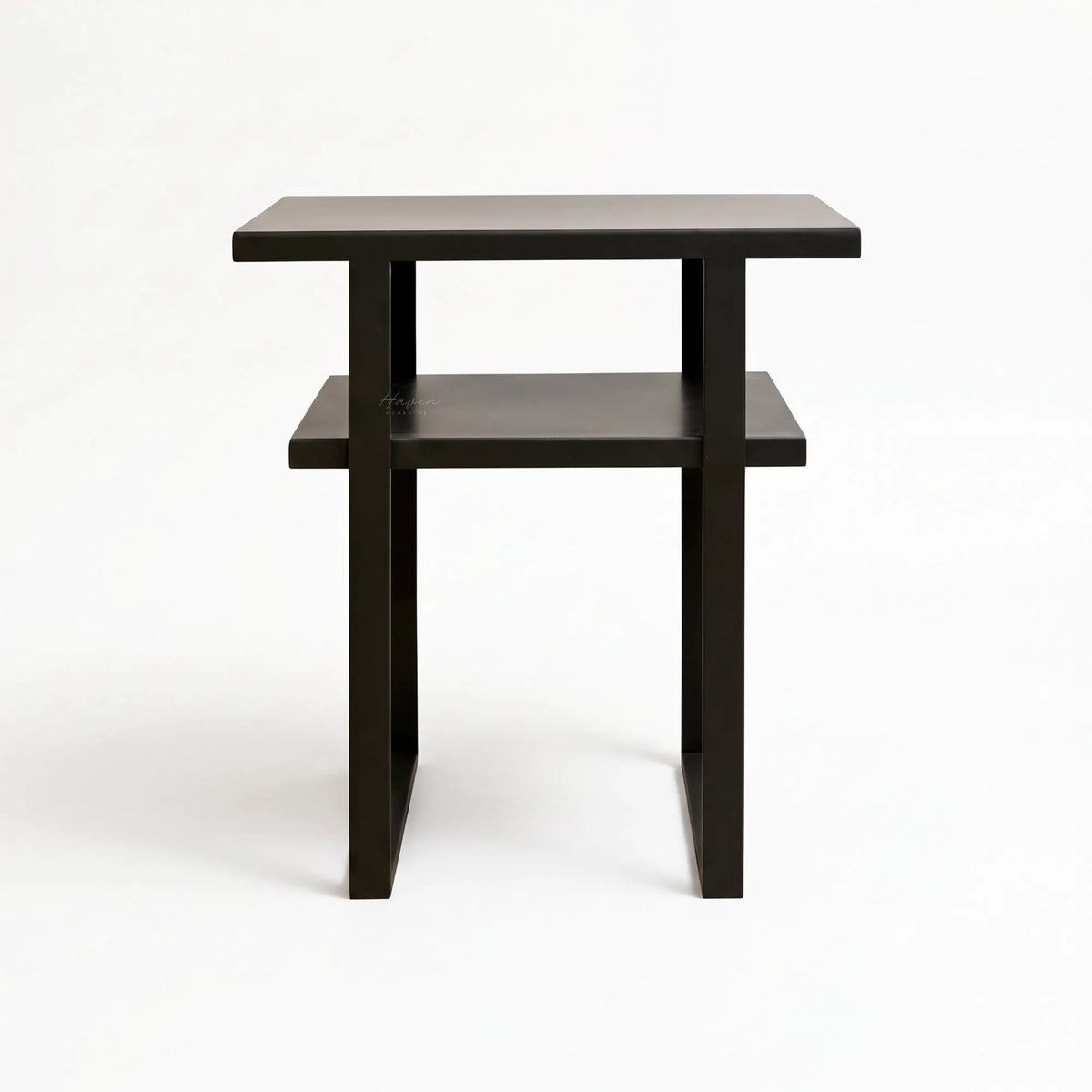 Minimalist two-tier side table with a clean architectural metal frame in greyed-brown finish.