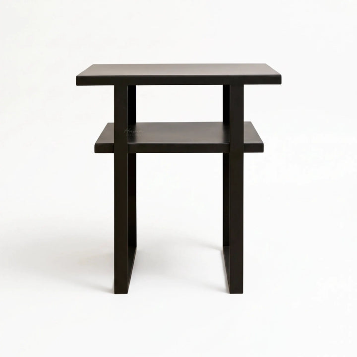 Minimalist two-tier side table with a clean architectural metal frame in greyed-brown finish.