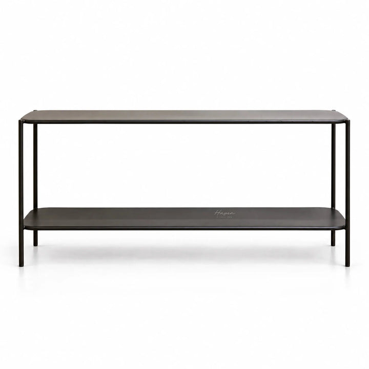 Greyed-brown low profile shelf with slim metal frame and two-tier open design for minimalist architectural storage.