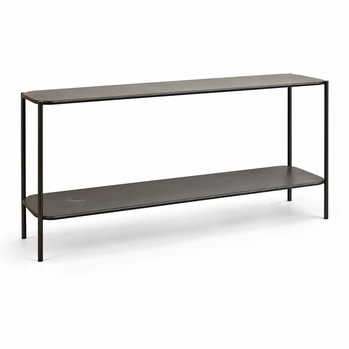 Long two-tier low profile shelf in greyed-brown with slim metal construction and open architectural design.