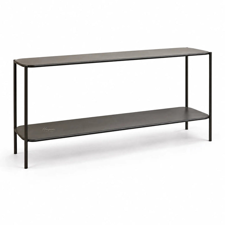 Long two-tier low profile shelf in greyed-brown with slim metal construction and open architectural design.