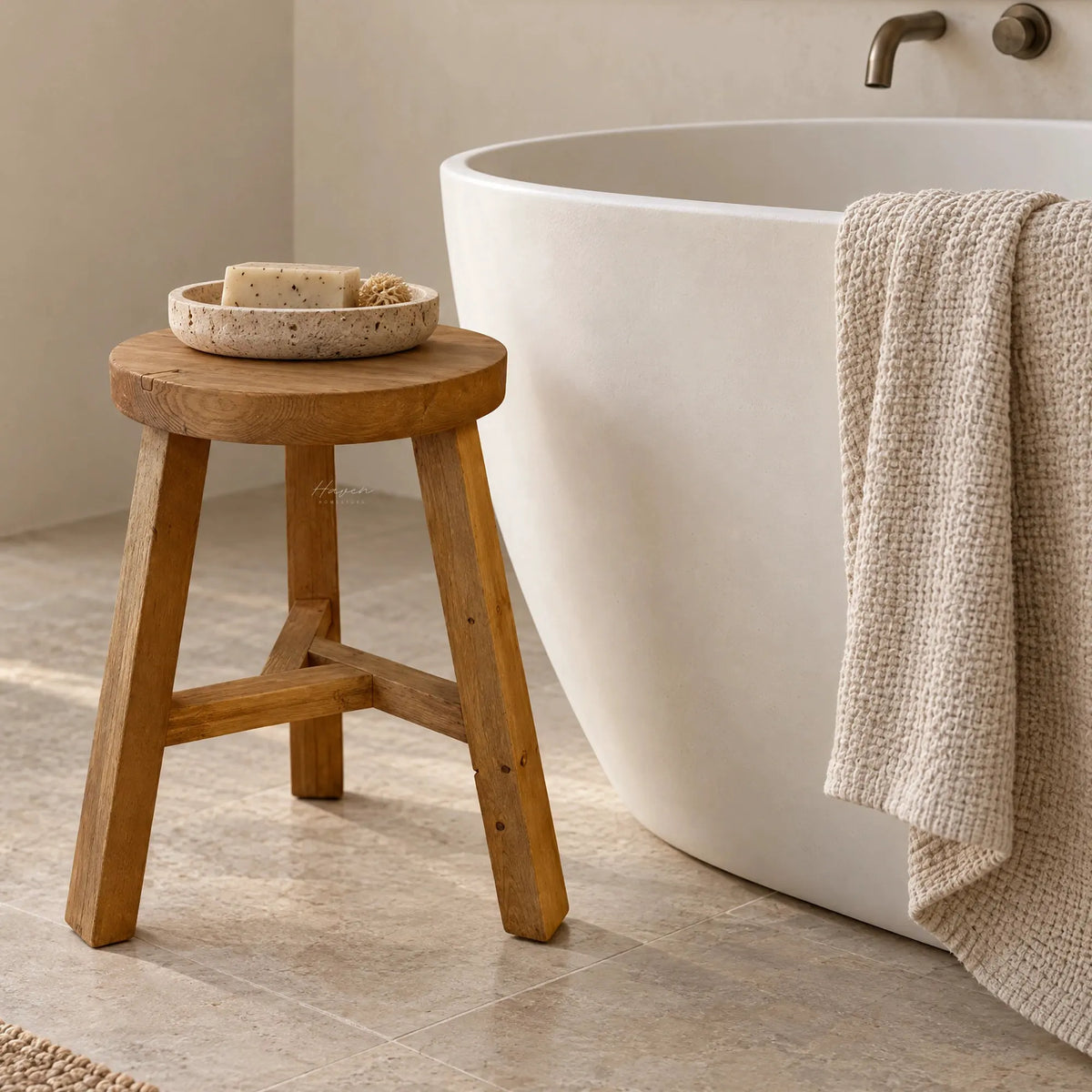 Compact reclaimed elm stool with visible knots and grain standing beside a white freestanding bathtub holding a stone soap dish.
