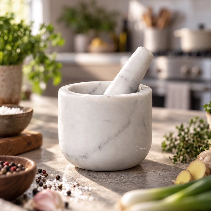 Broste® Marina Marble Mortar & Pestle - White Kitchen Accessory at Haven Homestore