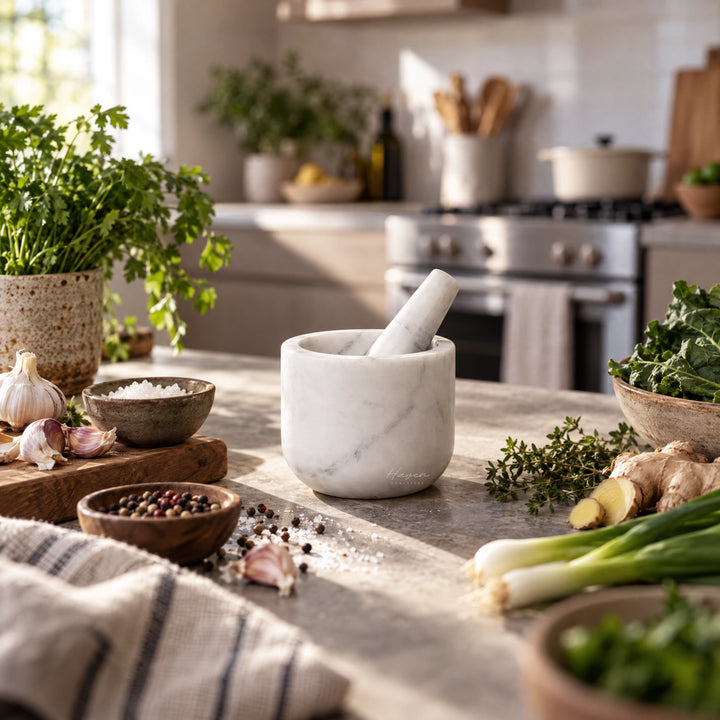 Broste® Marina Marble Mortar & Pestle - White Kitchen Accessory at Haven Homestore