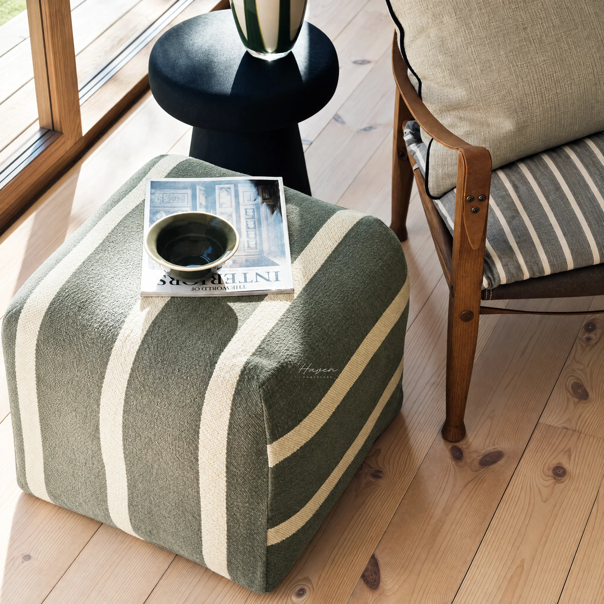 Broste® Pouf Sigrid - Agave Green/Light Beige Footstool at Haven Homestore