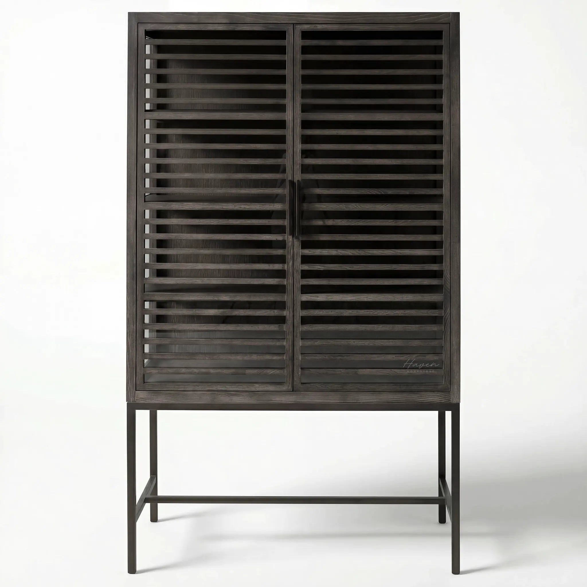 Kuro Slatted Cabinet in dark oak with glass panels behind slats, a warm, structured storage piece.