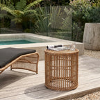 Arran Round Tables Set of 3 in Dark Natural, hand-woven synthetic rattan nesting outdoor coffee tables.
