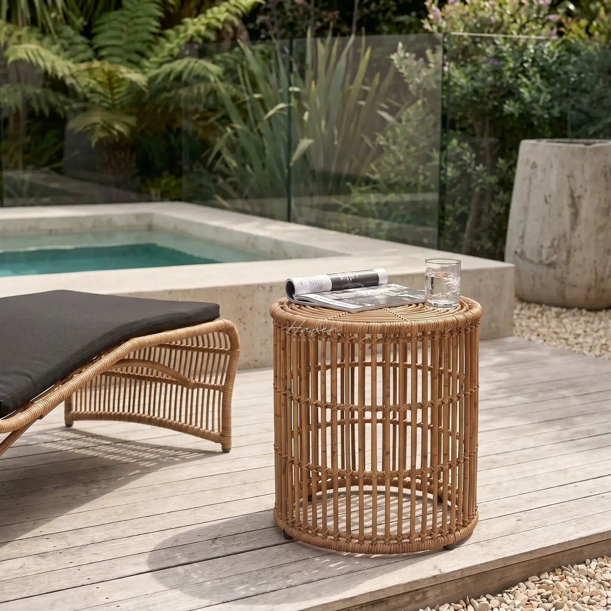 Arran Round Tables Set of 3 in Dark Natural, hand-woven synthetic rattan nesting outdoor coffee tables.