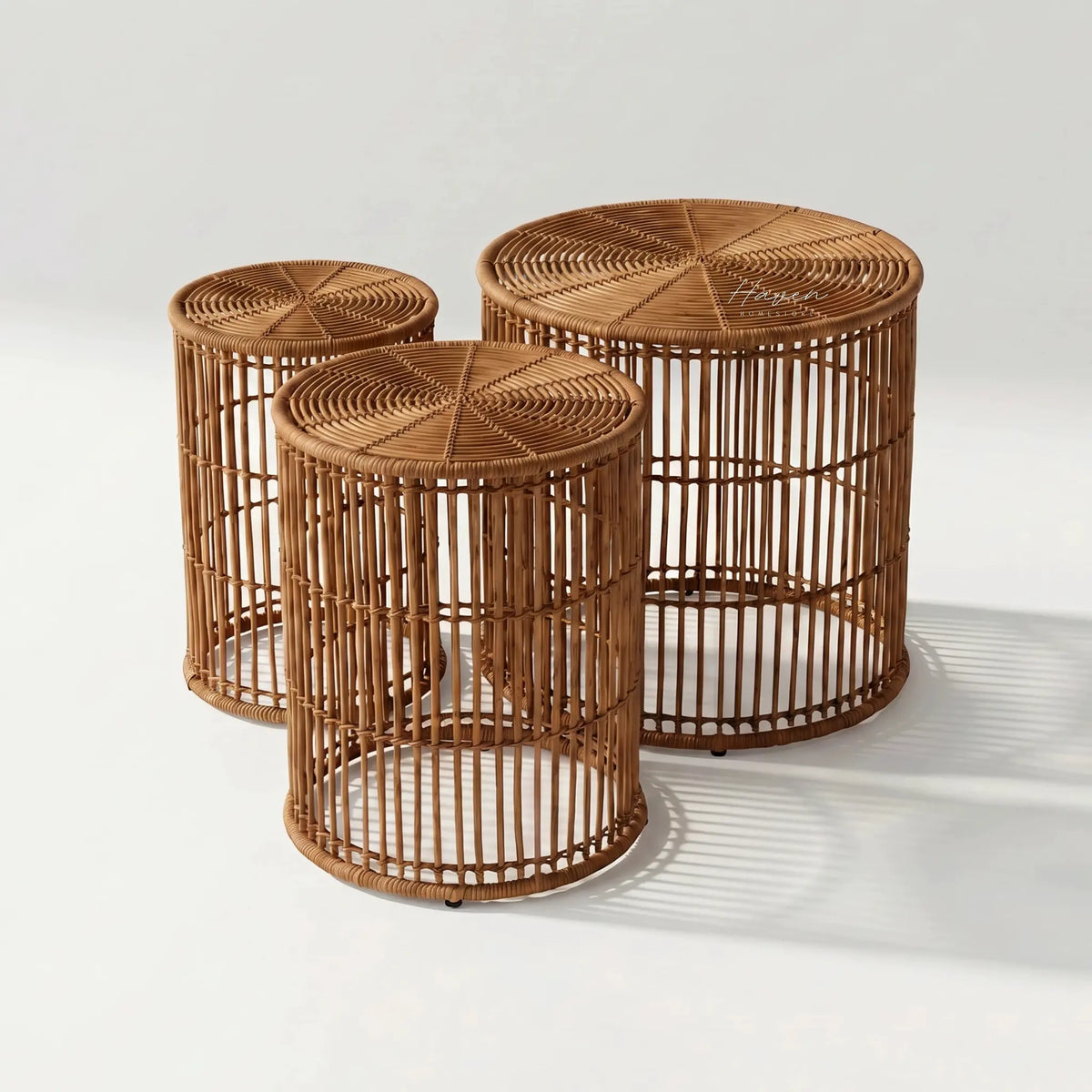 Arran Round Tables Set of 3 in dark natural, handwoven rattan nesting tables