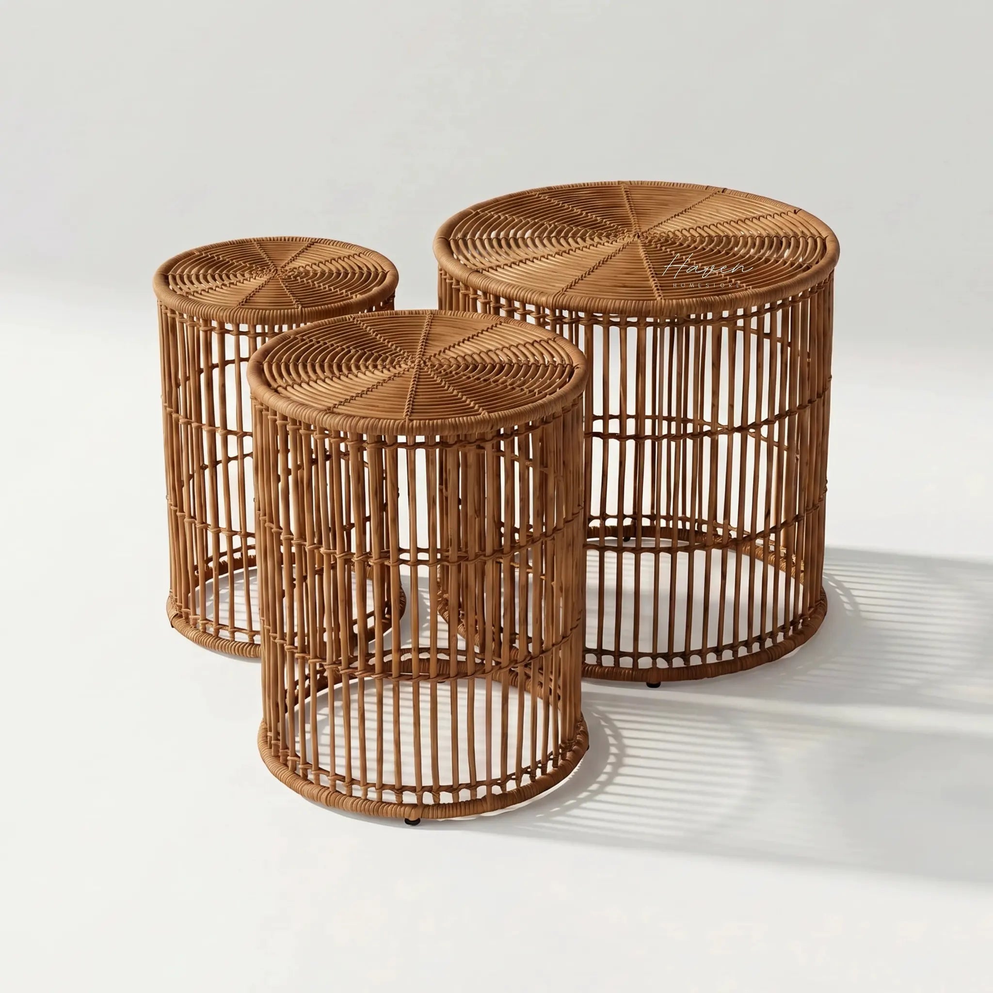 Arran Round Tables Set of 3 in dark natural, handwoven rattan nesting tables