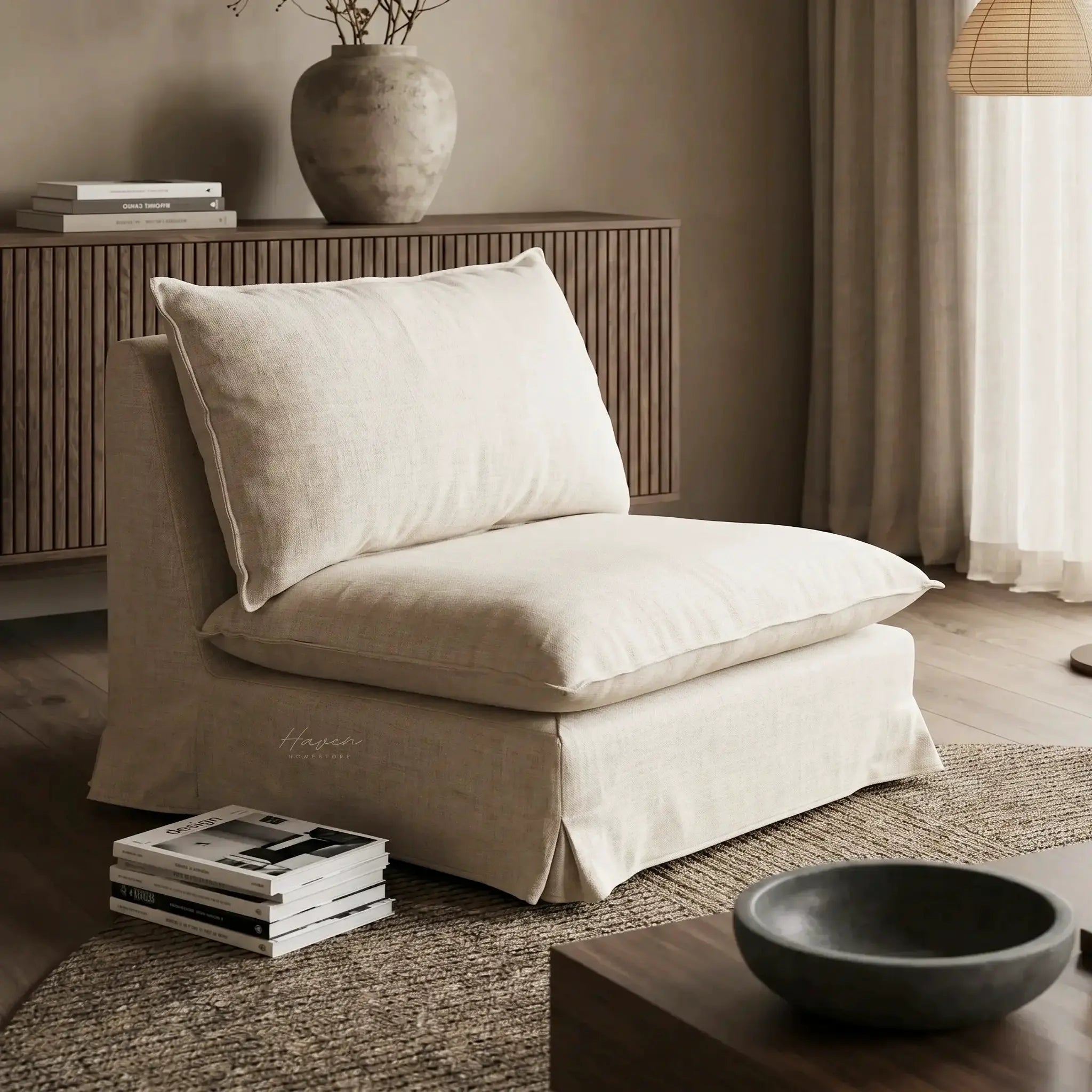 Lotus Club Chair in soft linen-polyester blend with plush beige cushions in a cozy NZ living room.