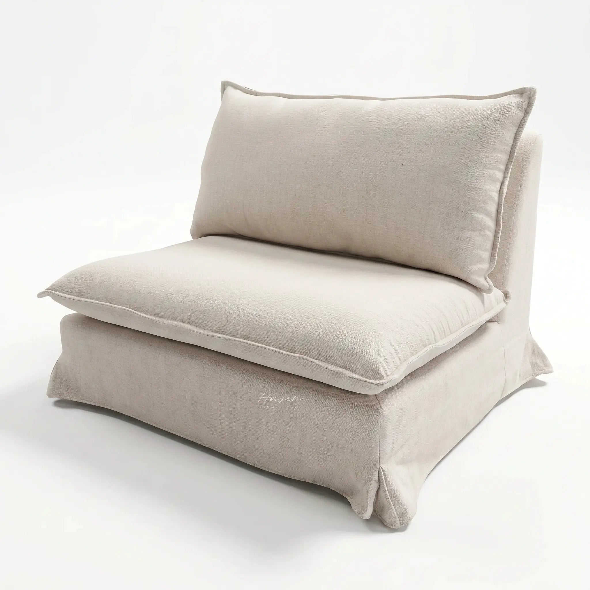 Lotus Club Chair in soft linen-polyester blend, neutral beige upholstery, relaxed lounge seating.