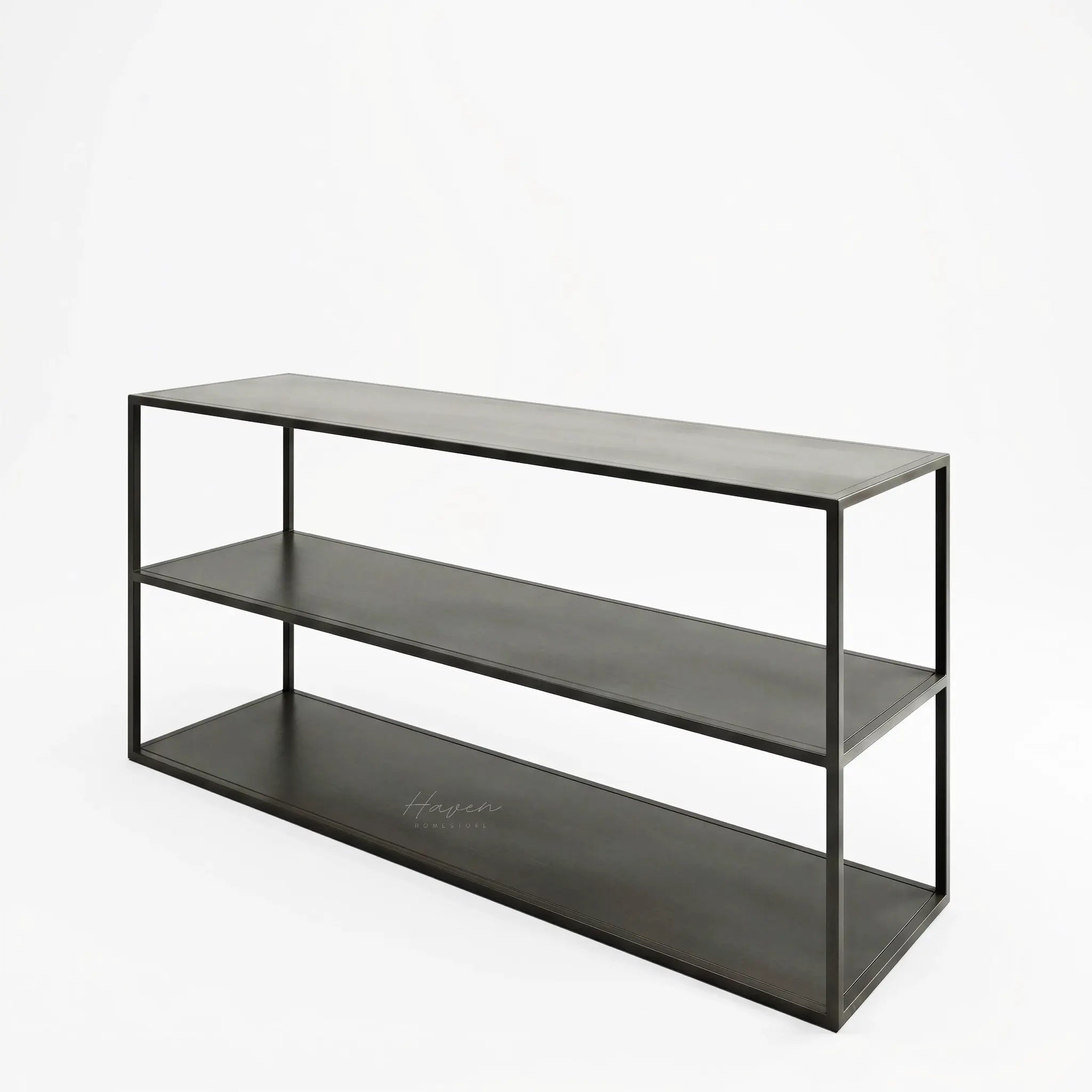 Studio Ellis Shelf: minimalist, low-profile 3-tier black metal shelf for living spaces.