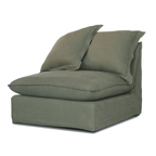 Lotus Modular Sofa Centre in olive Belgian linen with plush cushions for a relaxed lounge.