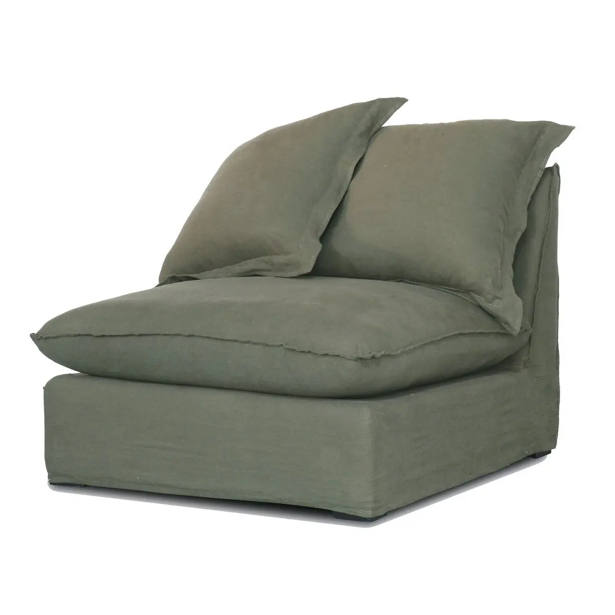 Lotus Modular Sofa Centre in olive Belgian linen with plush cushions for a relaxed lounge.