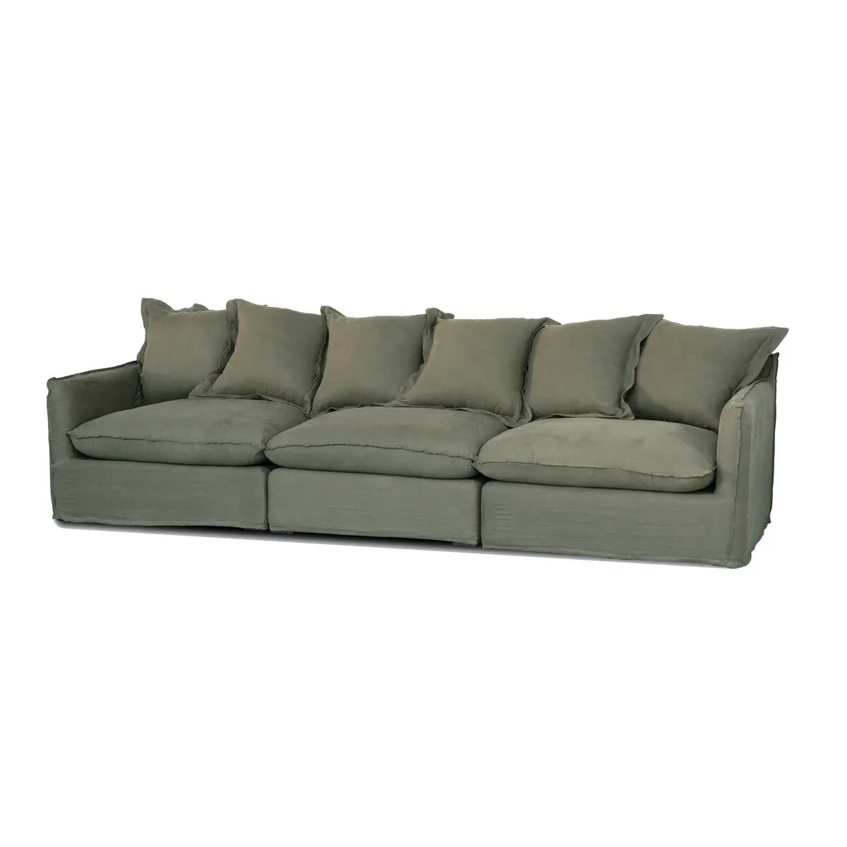 Lotus Modular Sofa Centre in Belgian linen upholstery, sage-green, sink-in three-seat module.