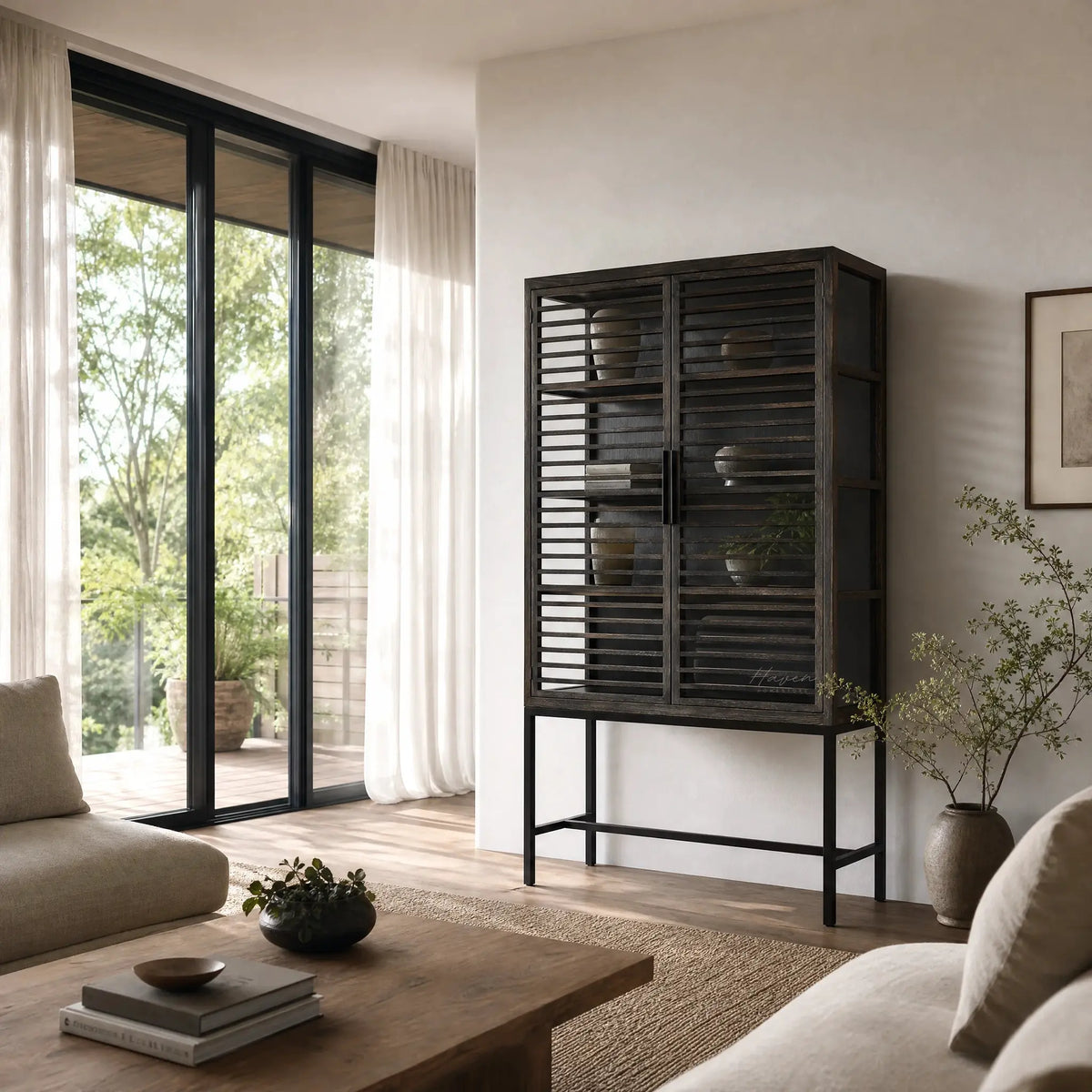 Kuro Slatted Cabinet: oak with glass panels behind slats in a bright modern living room.