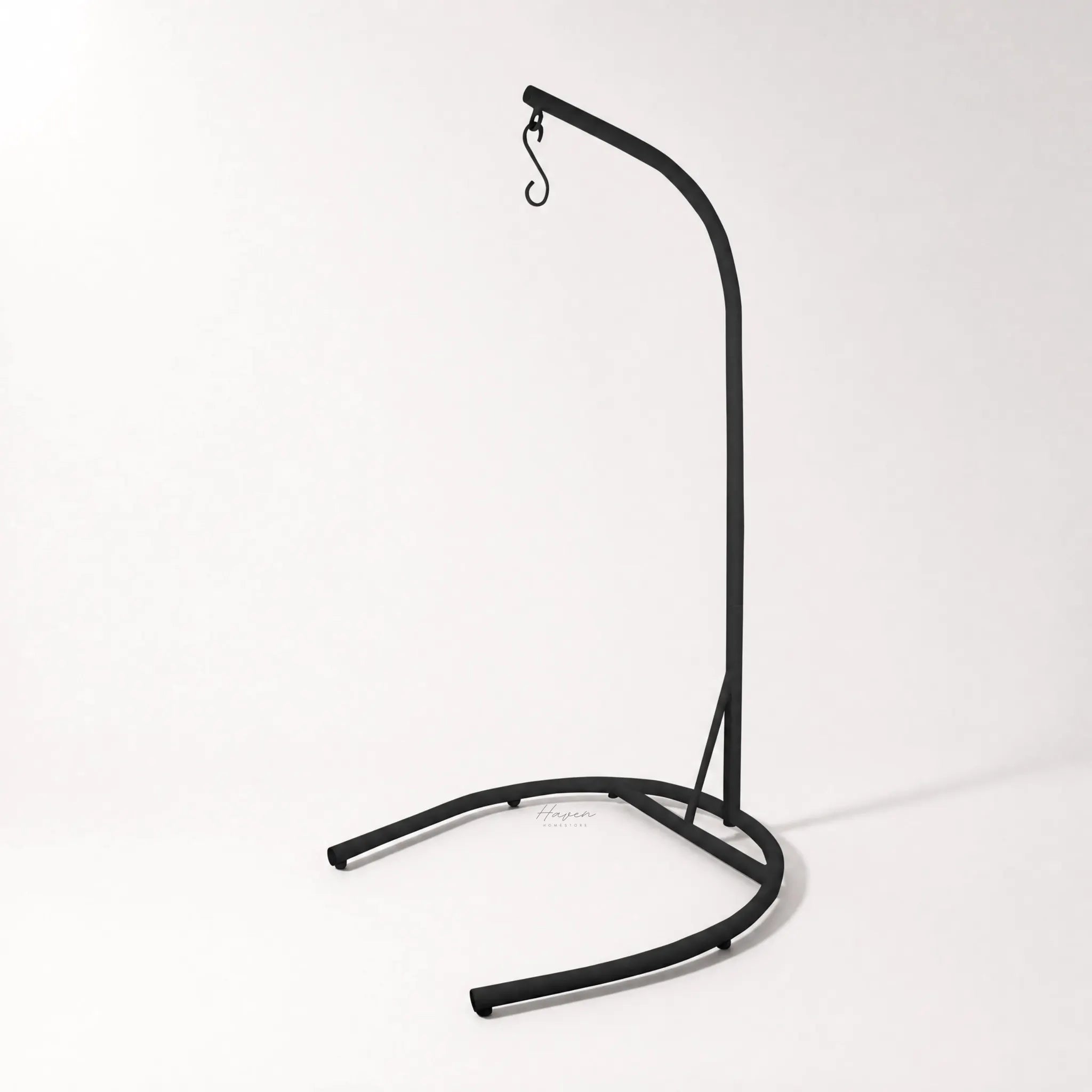 Black metal Pod Chair Stand with curved base, sturdy indoor/outdoor support for Haven Pod chairs.