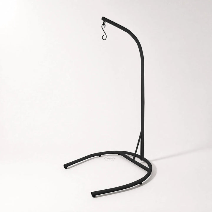 Black metal Pod Chair Stand with curved base, sturdy indoor/outdoor support for Haven Pod chairs.