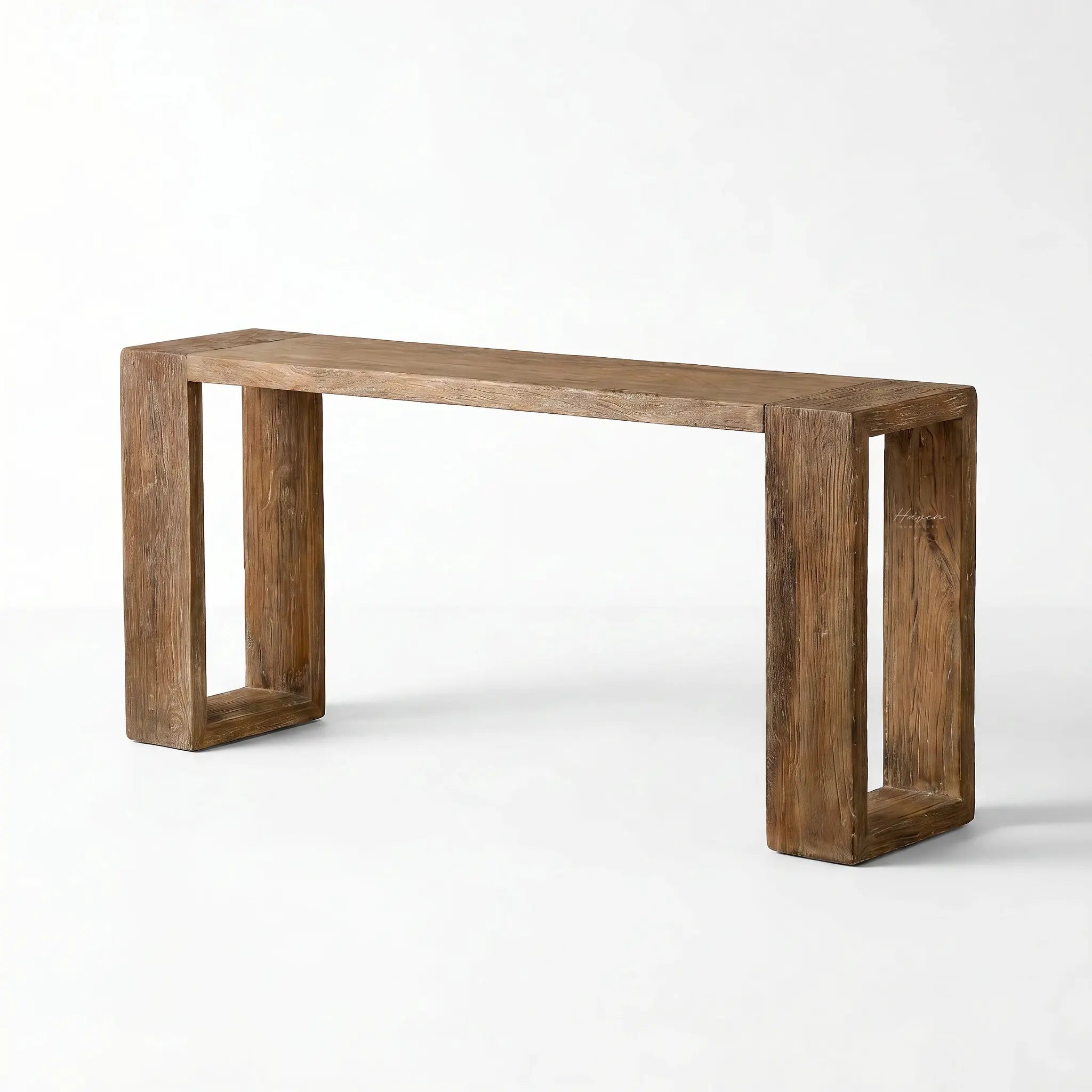 Casa Console in reclaimed elm with an aged black wash; textured, dark timber ideal for hallways.
