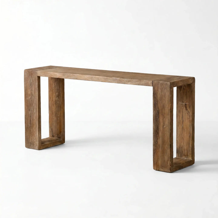 Casa Console in reclaimed elm with an aged black wash; textured, dark timber ideal for hallways.