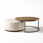 Eleanor Coffee Table + Ottoman set with ashwood top and iron frame, paired with a beige upholstered ottoman.