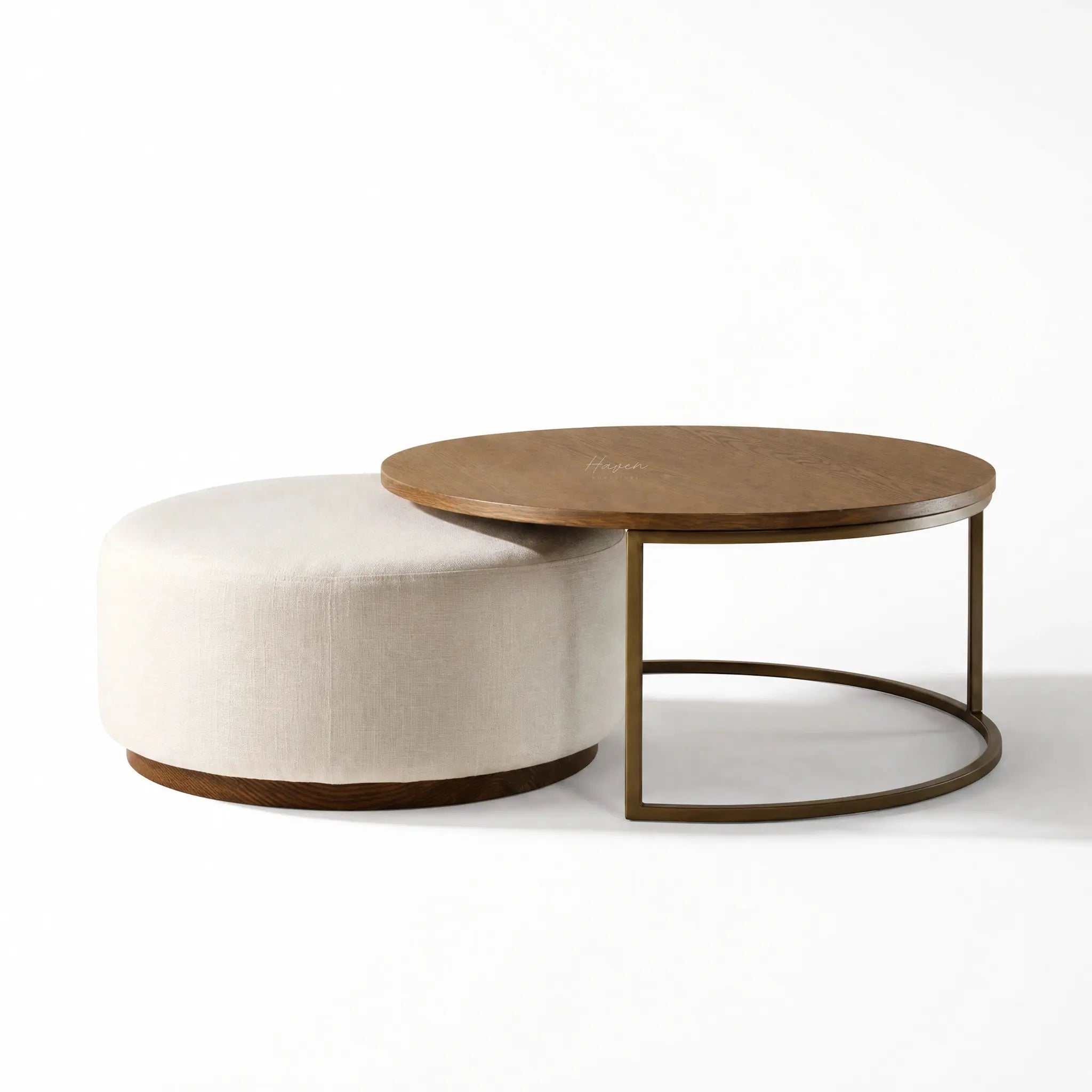 Eleanor Coffee Table + Ottoman set with ashwood top and iron frame, paired with a beige upholstered ottoman.