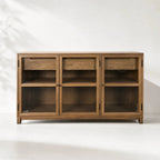 Baxter Oak Sideboard in warm oak veneer with glass-front doors and ample display and storage.