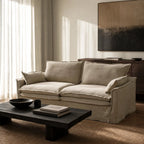 Sorrento 3 Seat Linen Sofa in beige linen with 100% feather fill, relaxed sink-in comfort in a cozy living room.