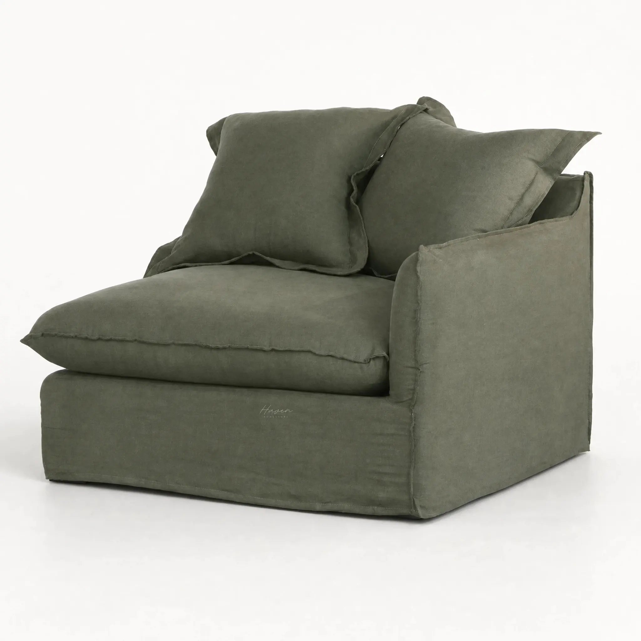 Lotus Modular Sofa Right with olive-green Belgian linen upholstery and plush cushions.