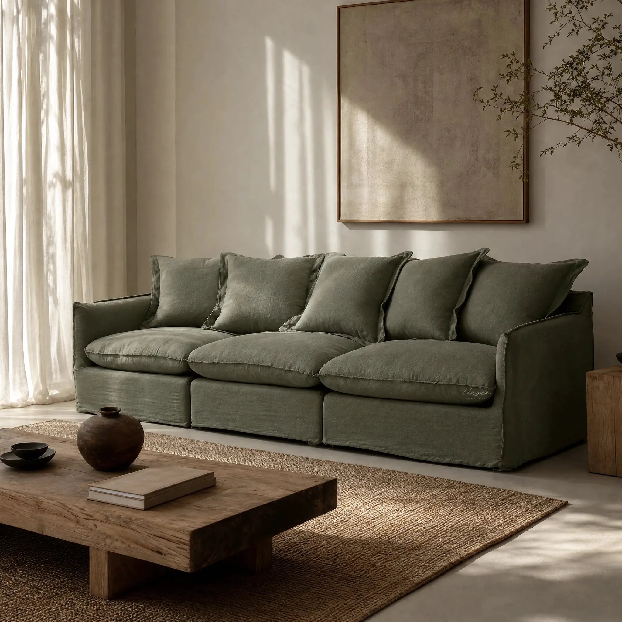 Lotus Modular Sofa Centre in 100% Belgian linen, soft, relaxed luxury in a calm living room with natural textures.