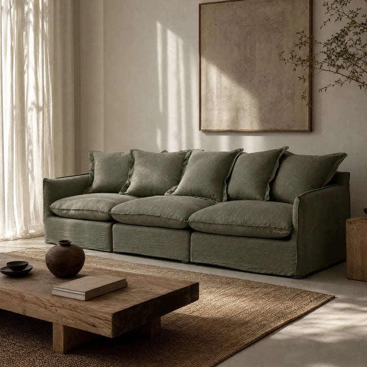 Lotus Modular Sofa Centre in 100% Belgian linen, soft, relaxed luxury in a calm living room with natural textures.