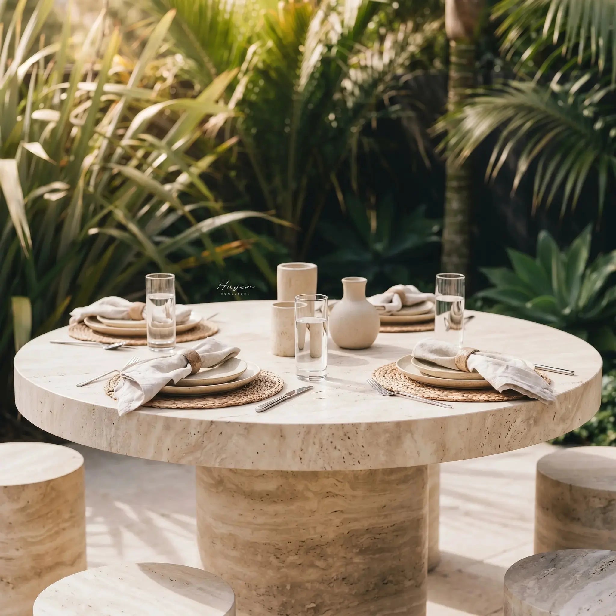 Tivoli Travertine Dining Table: round travertine surface, sculptural pedestal base, outdoor dining scene.