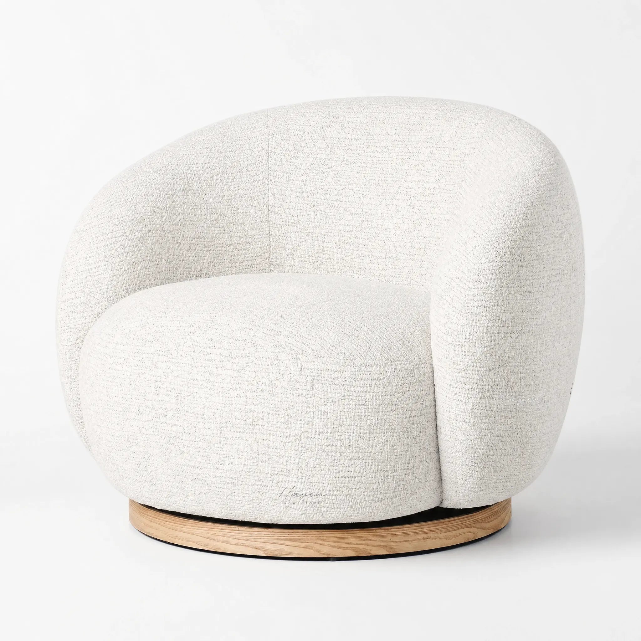 Palmetto Swivel Chair with cocoon-like rounded silhouette in textured fabric and wooden base