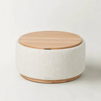 Palmetto Tray Ottoman with round wood tray top on a light textured fabric base