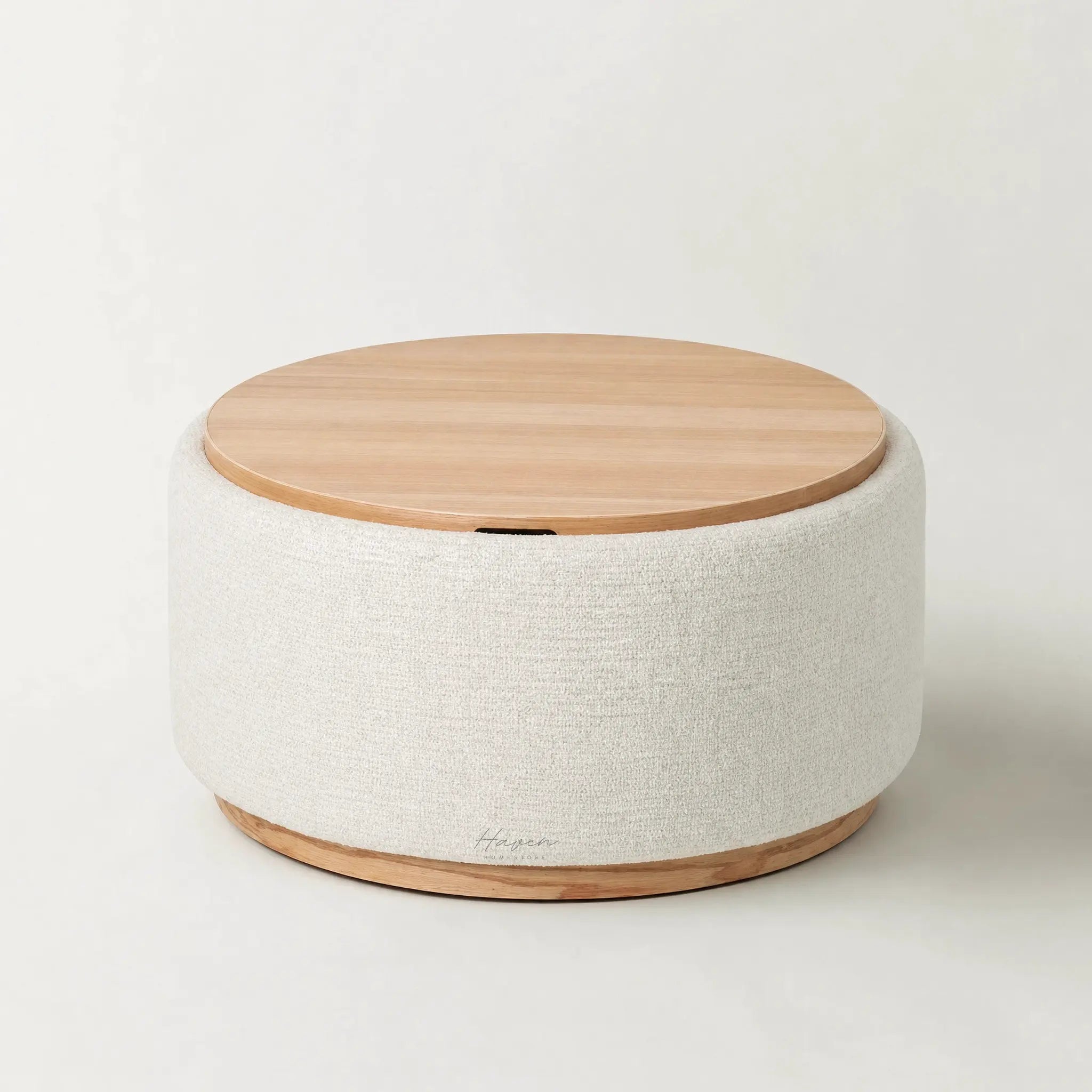 Palmetto Tray Ottoman with round wood tray top on a light textured fabric base