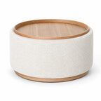 Round Palmetto Tray Ottoman with textured polyester fabric and a wooden tray rim.