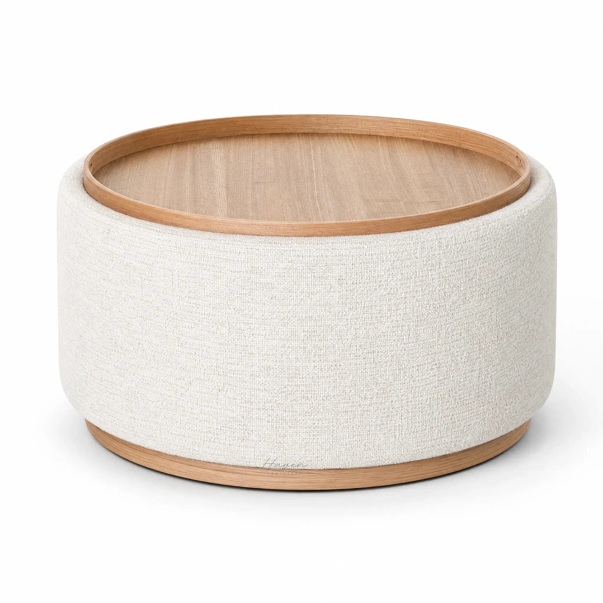 Round Palmetto Tray Ottoman with textured polyester fabric and a wooden tray rim.