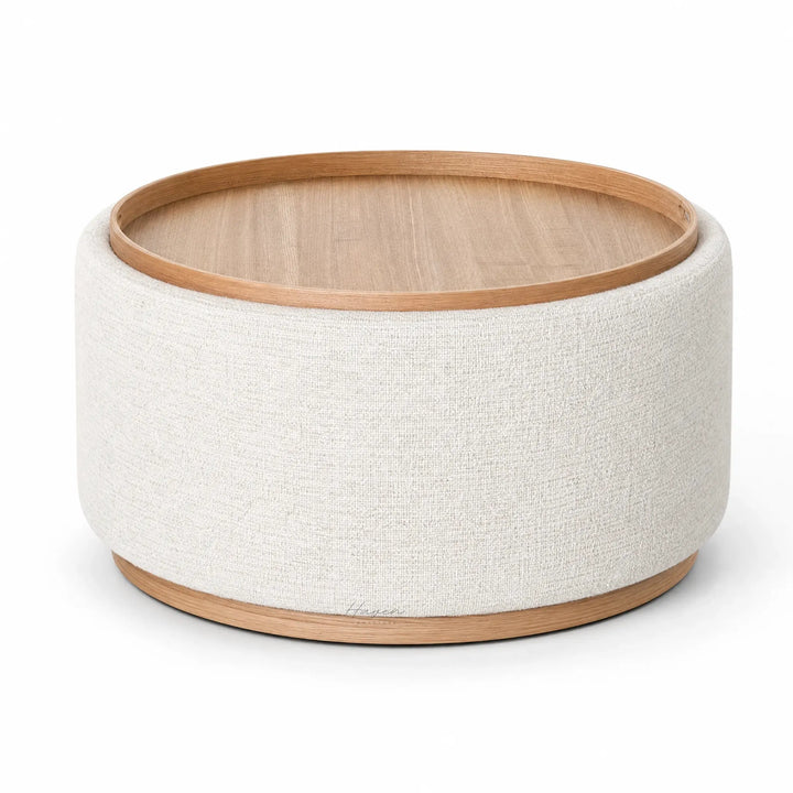 Round Palmetto Tray Ottoman with textured polyester fabric and a wooden tray rim.