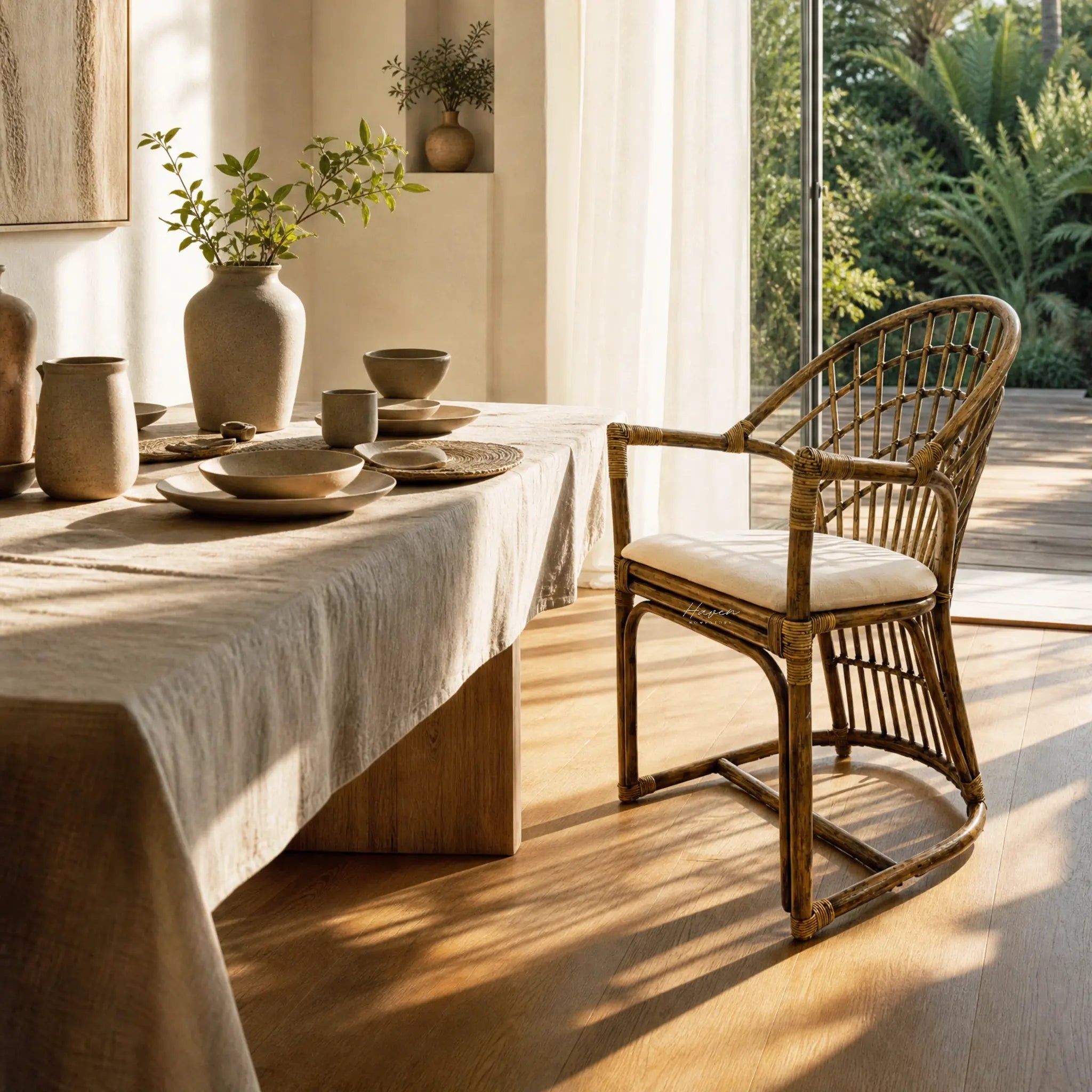 Tulum Dining Chair with curved cane frame, open woven back and soft polyester cushion in a sunlit dining setup.