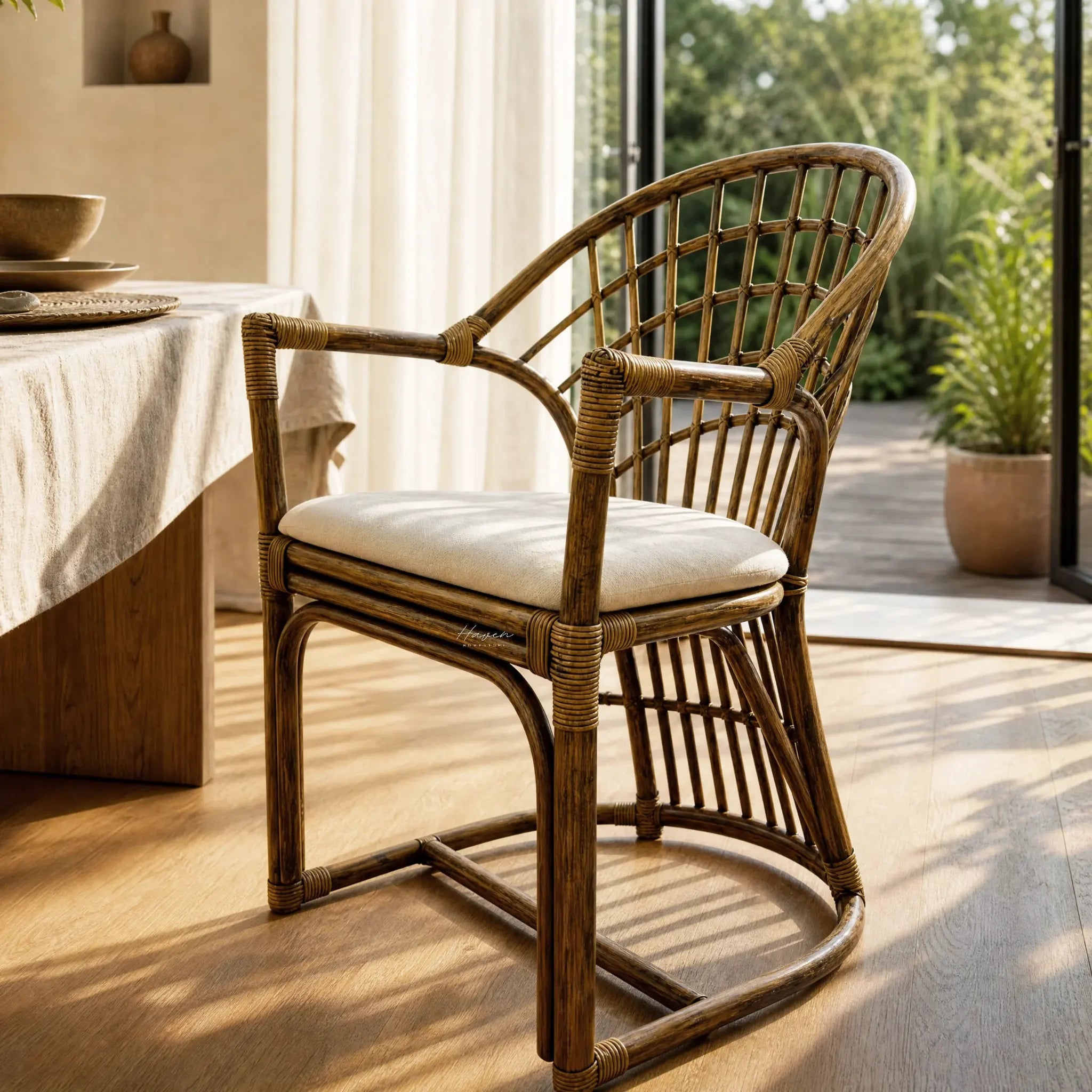 Tulum Dining Chair with curved cane frame, open woven back, and soft polyester seat cushion.