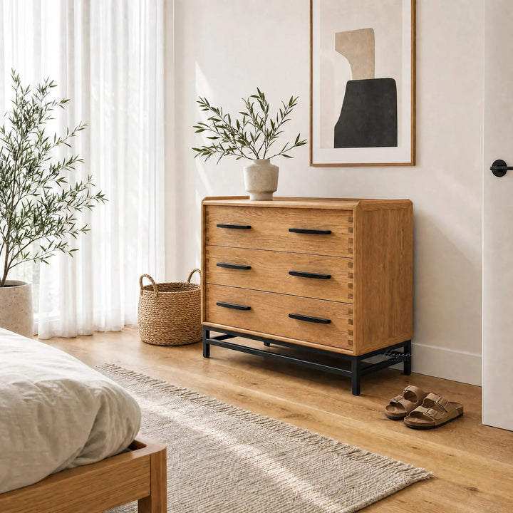 Cardrona 3-Drawer Dresser in warm oak with slim black handles and a metal base in a bright bedroom.