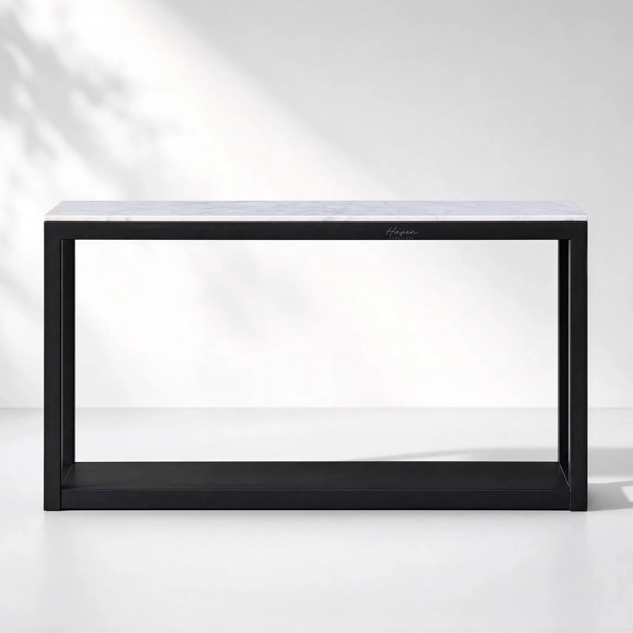 Sable Marble Console with black reclaimed pine frame and marble top, modern clean-lined silhouette.
