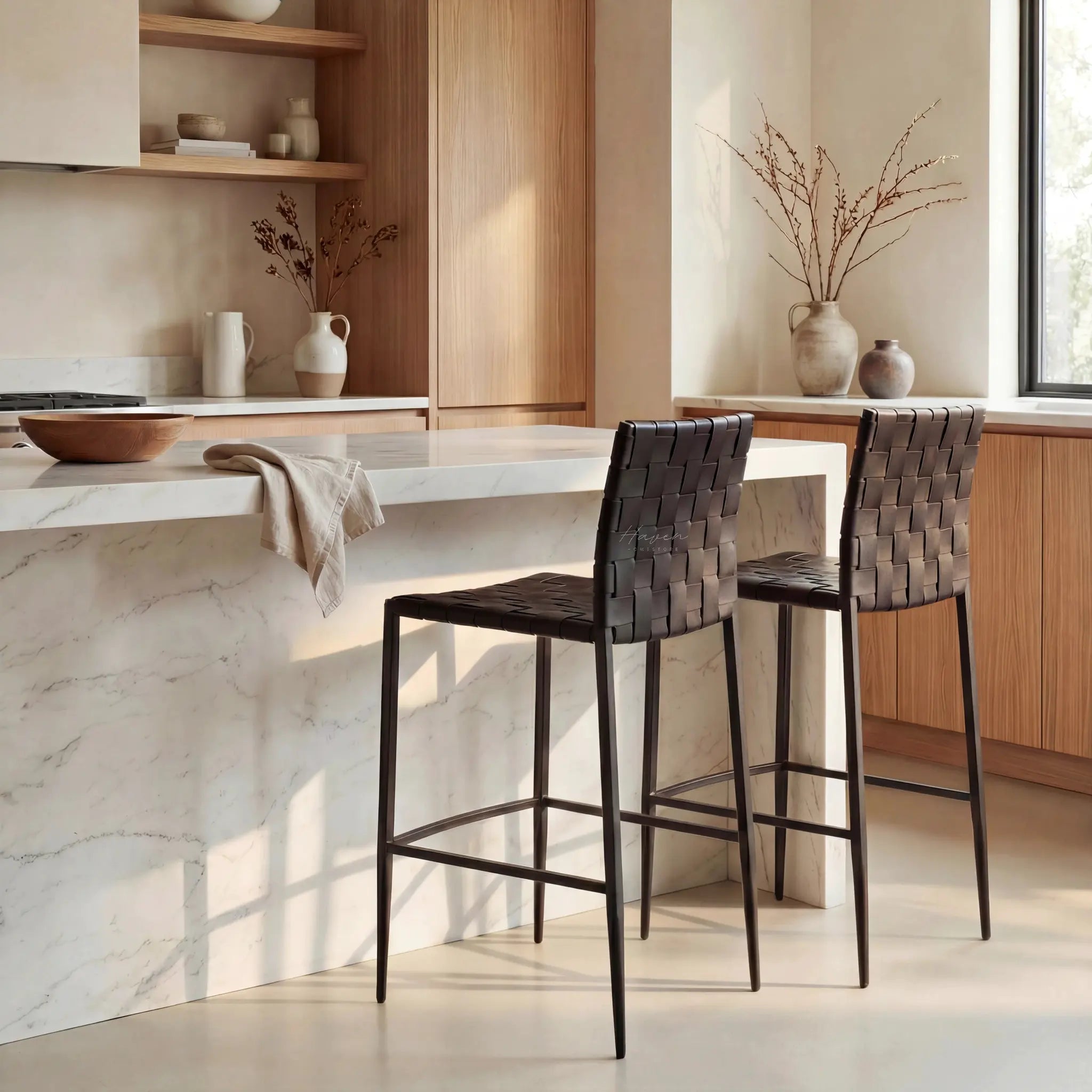 Calibri Counter Stools with woven PU leather seats and slim powder-coated metal frames at a Kiwi kitchen island.